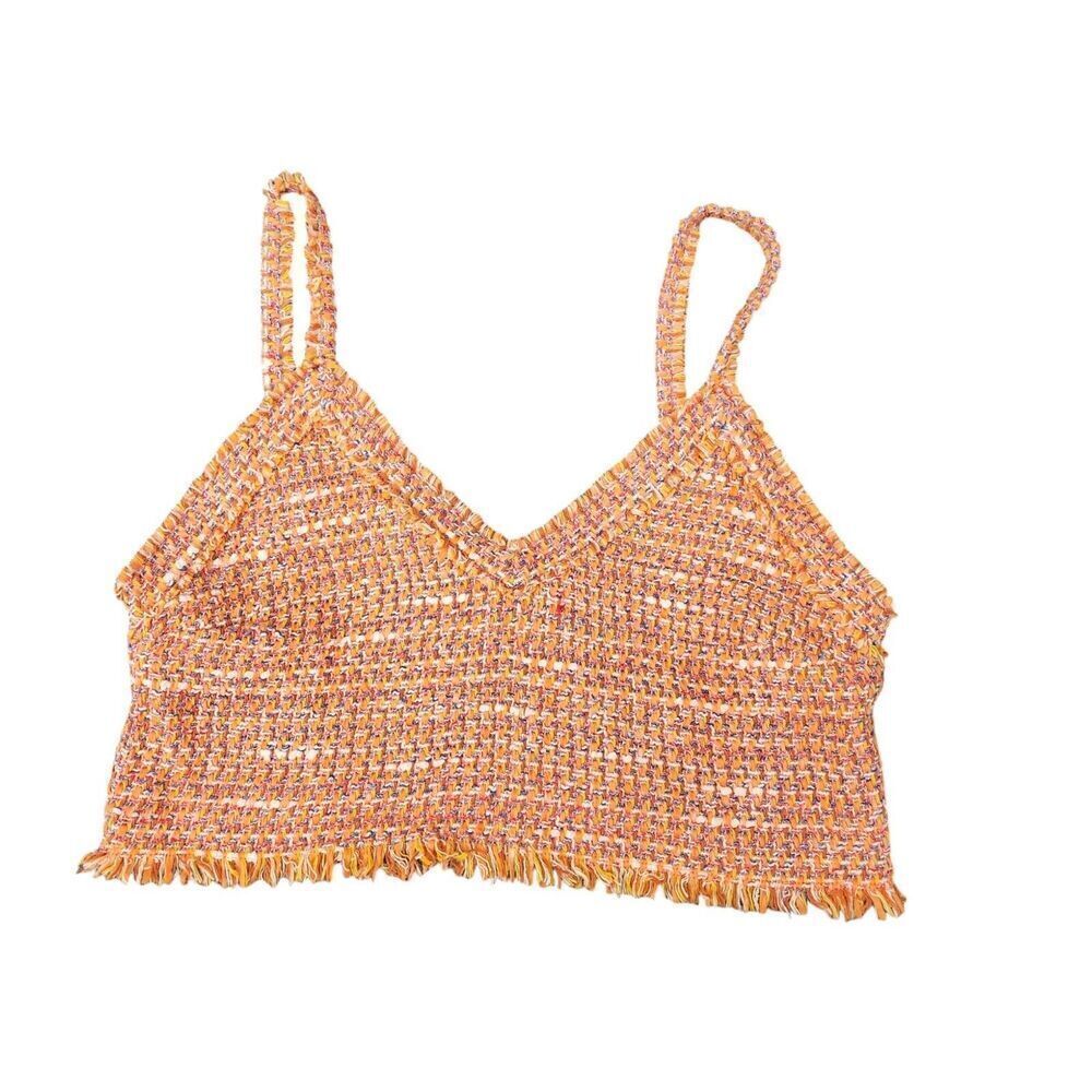 Maje Crop Top 1 Small Orange Tweed Fringe Boho‎ Festival Sleeveless Blouse